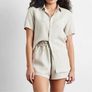 C&C California Undyed Linen Elastic High Waisted Paper Bag Shorts, Size Small